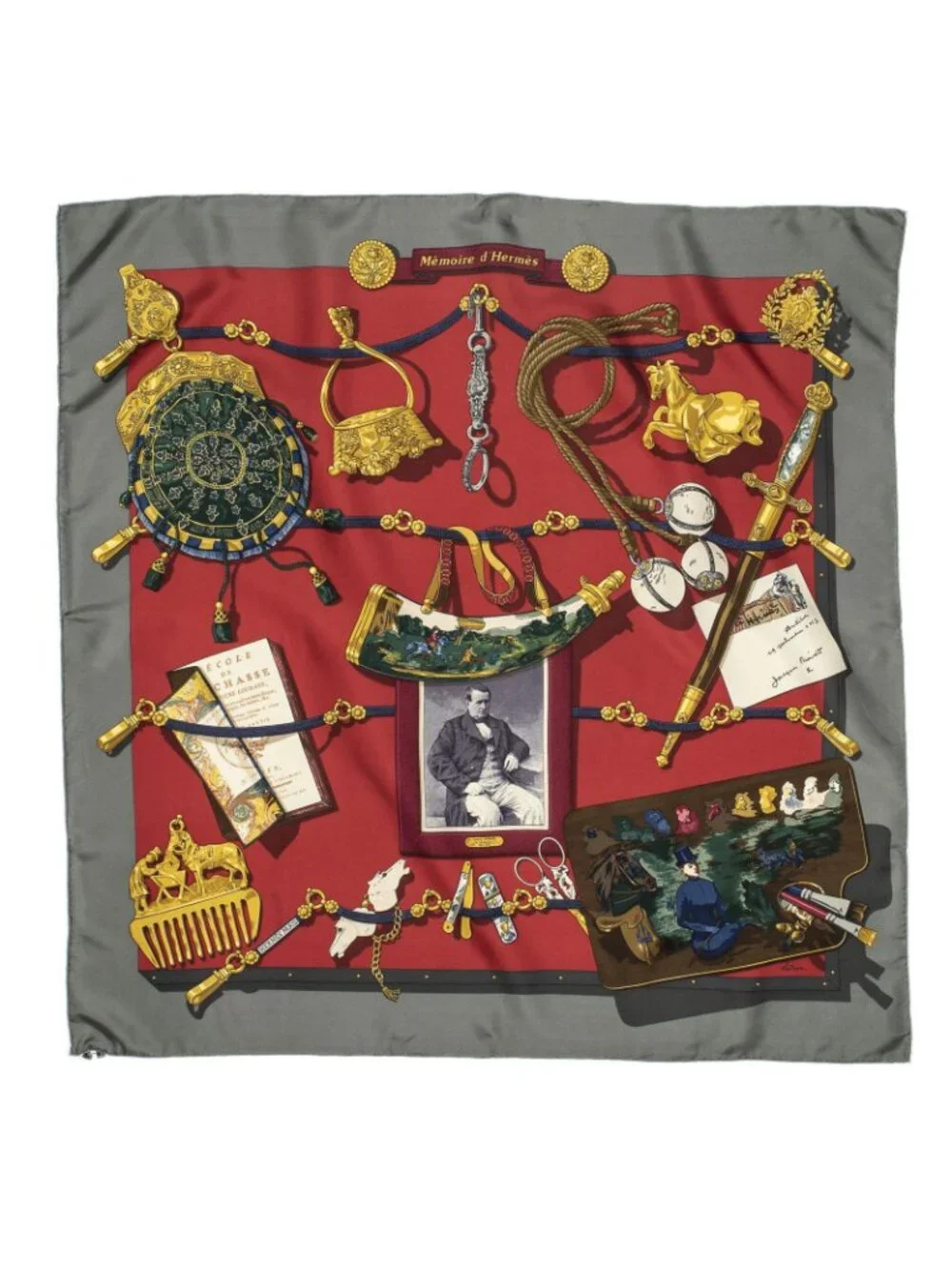 ★SOLD★ Hermes Scarf Red Gray Brown Silk - Picture 2 of 5